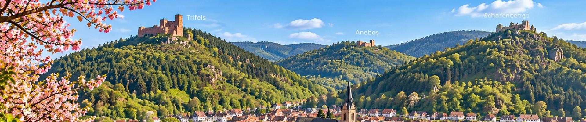 Panorama von Annweiler - Frühlingsreise zur Mandelblüte in der Pfalz