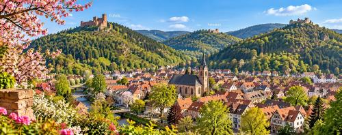 Panorama von Annweiler - Frühlingsreise zur Mandelblüte in der Pfalz