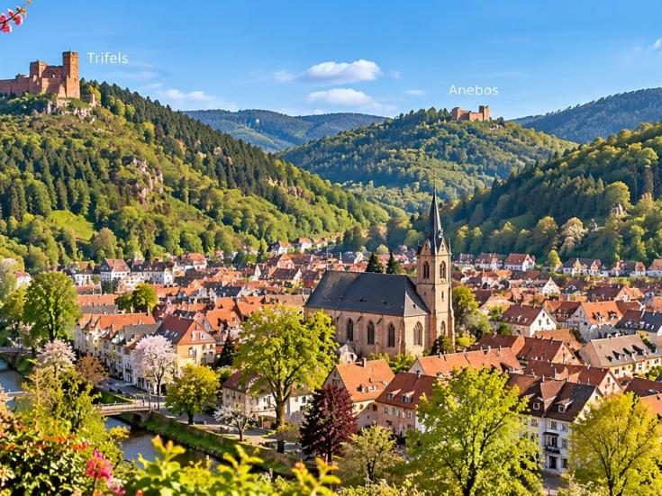 Panorama von Annweiler - Frühlingsreise zur Mandelblüte in der Pfalz